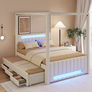 Cama estofada 140x200cm com cama auxiliar, gavetas e luzes linho – bege