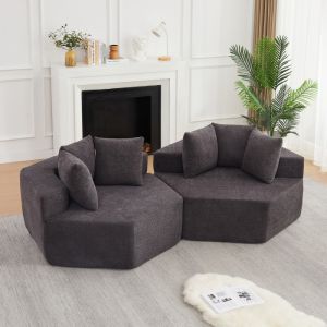 Poltrona modular hexagonal em chenille cinzento 1 lugar com 3 almofadas