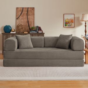 Sofá-cama dobrável em veludo cotelê taupe 2 lugares com almofadas