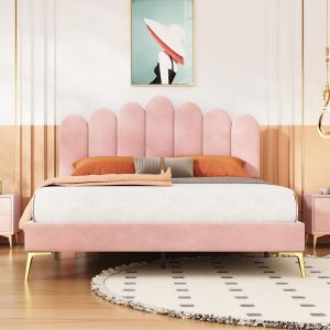 Cama casal 140x200 cm veludo com cabeceira ajustável rosa