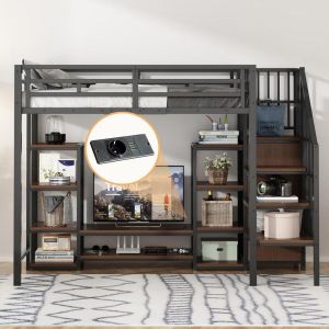 Cama loft infantil 90x200cm com suporte tv, tomada e arrumação preta
