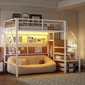 Cama loft 90x200cm com LED app, escada com arrumação, branca