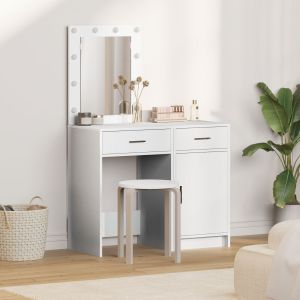 Conjunto de mesa de maquiagem de 2 peças com LED em madeira branca wf554227