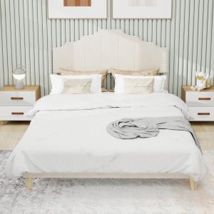 Cama 160x200cm com cabeceira e base baixa bege, sem colchão incluído