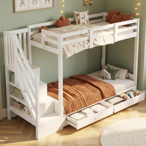 Beliche infantil 90x200cm com escada e arrumação, gavetas, branco