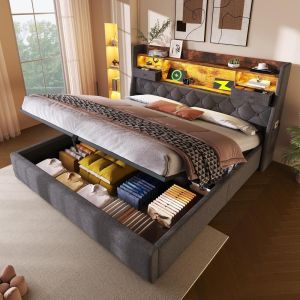 Cama 140x200cm com arrumação hidráulica, LED, 4 usb-c, linho cinzento