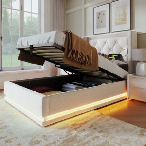Cama estofada 90x200cm com arrumação, LED e usb veludo – bege