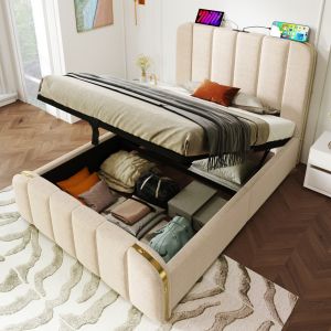 Cama estofada 90x200cm com arrumação usb e tipo c linho bege