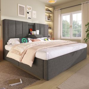 Cama tapizada,180x200,portavasos ocultos,gris