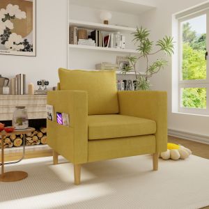 Poltrona em chenille amarelo mostarda com bolso lateral e almofada