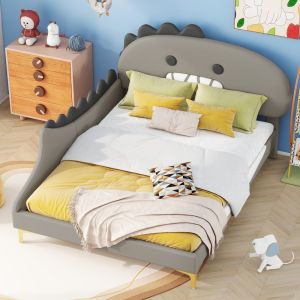 Cama infantil 140x200cm em forma de dinossauro veludo cinzento