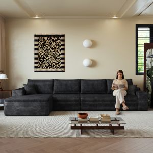 Sofá de canto modular em l com chaise longue em tecido canelado preto