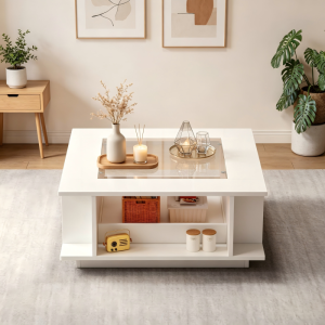 Mesa de centro quadrada branca 30x70x70cm com vidro e LED