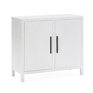 Aparador 100x40x90 em madeira branca com detalhes em metal preto.