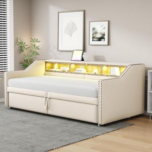 Sofá-cama convertível 90/180x200 cm com LED, usb e arrumação bege
