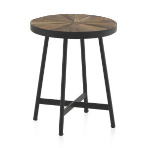 Mesa lateral redonda de madeira, 40cm, com base de metal.