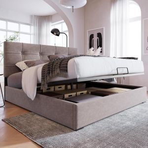 Cama de veludo 140x200 cabeceira ajustável, baú hidráulico cinza claro