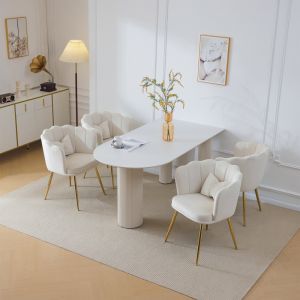 Conjunto 4 cadeiras jantar veludo bege com encosto floral e pernas douradas