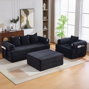 Sofá modular em bombazina preto 4 lugares com pufe e bolsa lateral
