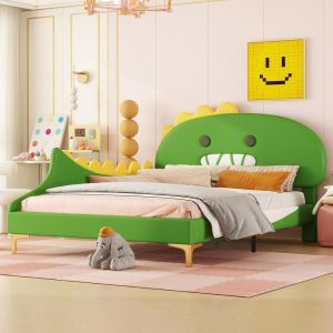 Cama infantil 140x200cm, dinossauro verde, plataforma, fácil de limpar