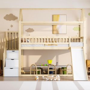 Cama alta infantil 90x200cm em madeira maciça com escorrega, natural