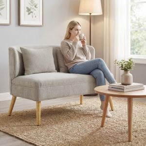 Sofá 2 lugares chenille bege compacto com encosto abraçante