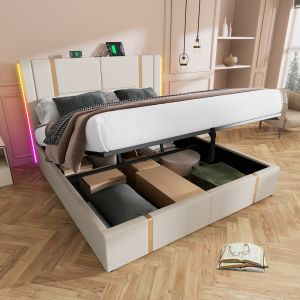 Cama estofada 140x200cm com arrumação LED e carregamento linho bege