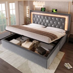 Cama estofada 180x200 cm com LED, usb-c e arrumação veludo – cinzento