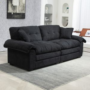 Sofá 2 lugares em chenille preto com assento profundo e almofadas