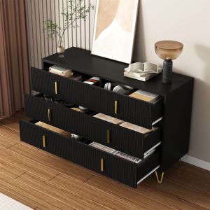 Aparador moderno 6 gavetas preto dourado 77x120x40cm