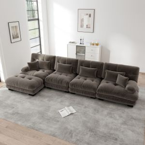 Sofá modular em l em chenille castanho 4 lugares com otomana móvel