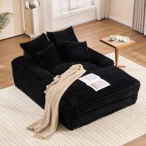 Sofá chaise longue em bombazina canelada preto com 4 almofadas