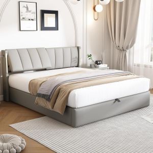 Cama 140x190cm com arrumação hidráulica usb LED cinza