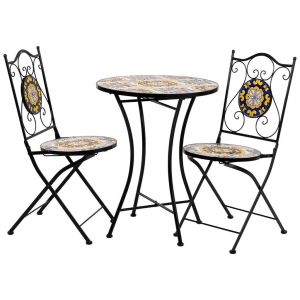 Mesa amalfi e duas cadeiras, mosaico e mesa em ferro forjado preto