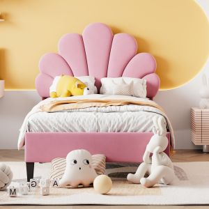 Cama estofada 90x200cm com cabeceira em flor veludo rosa