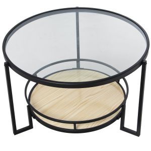Mesa auxiliar metal negro, cristal transparente y balda madera