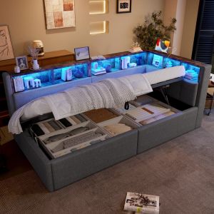 Cama de tecido 90x200cm com arrumação hidráulica LED cinzento sem colchão