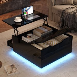 Mesa de centro elevável preta com LED 1 gaveta 38x70x70cm