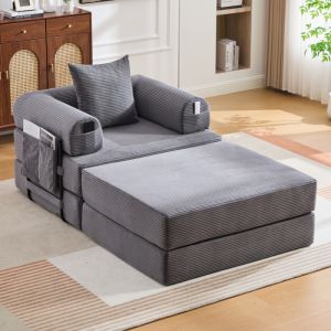 Poltrona modular em bombazina cinzento escuro com banco e bolsa lateral