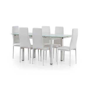 Conjunto mesa extensível de vidro 170cm + 6 cadeiras em couro sintético,