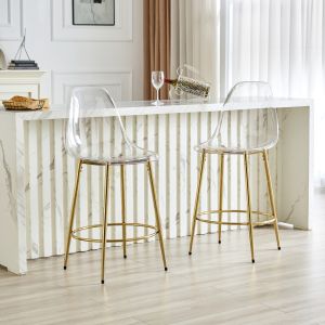 Conjunto 2 bancos de bar transparentes estrutura metálica dourada 66cm
