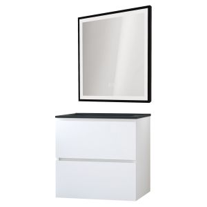Móvel de banho trendy -60cm-branco-2 gavetas-tampo preto-espelho selena