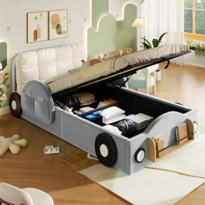 Cama estofada 90x200cm arrumação hidráulica bolsos laterais cinzento
