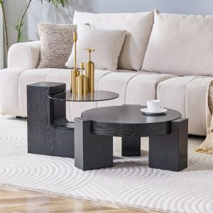 Mesa de centro redonda conjunto 2 em 1 vidro mdf preto 30x61x61cm