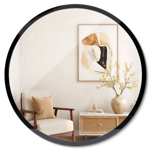 Espelho redondo de parede moldura de vidro preto elegante moderno 60 cm
