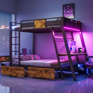 Cama dupla 90x200cm com secretária arrumação metal – preto