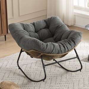 Cadeira de baloiço chenille cinzento estrutura metálica 1 lugar