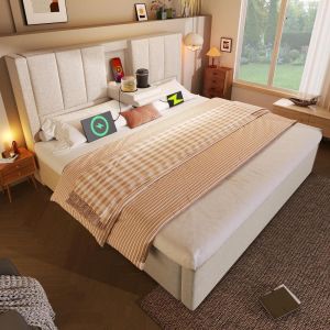 Cama casal estofada com arrumação 140x200cm bege