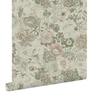 Estahome papel de parede flores vintage verde acinzentado 50 x 900 cm