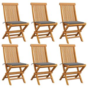 Cadeiras de jardim c/ almofadões cinzentos 6 pcs teca maciça